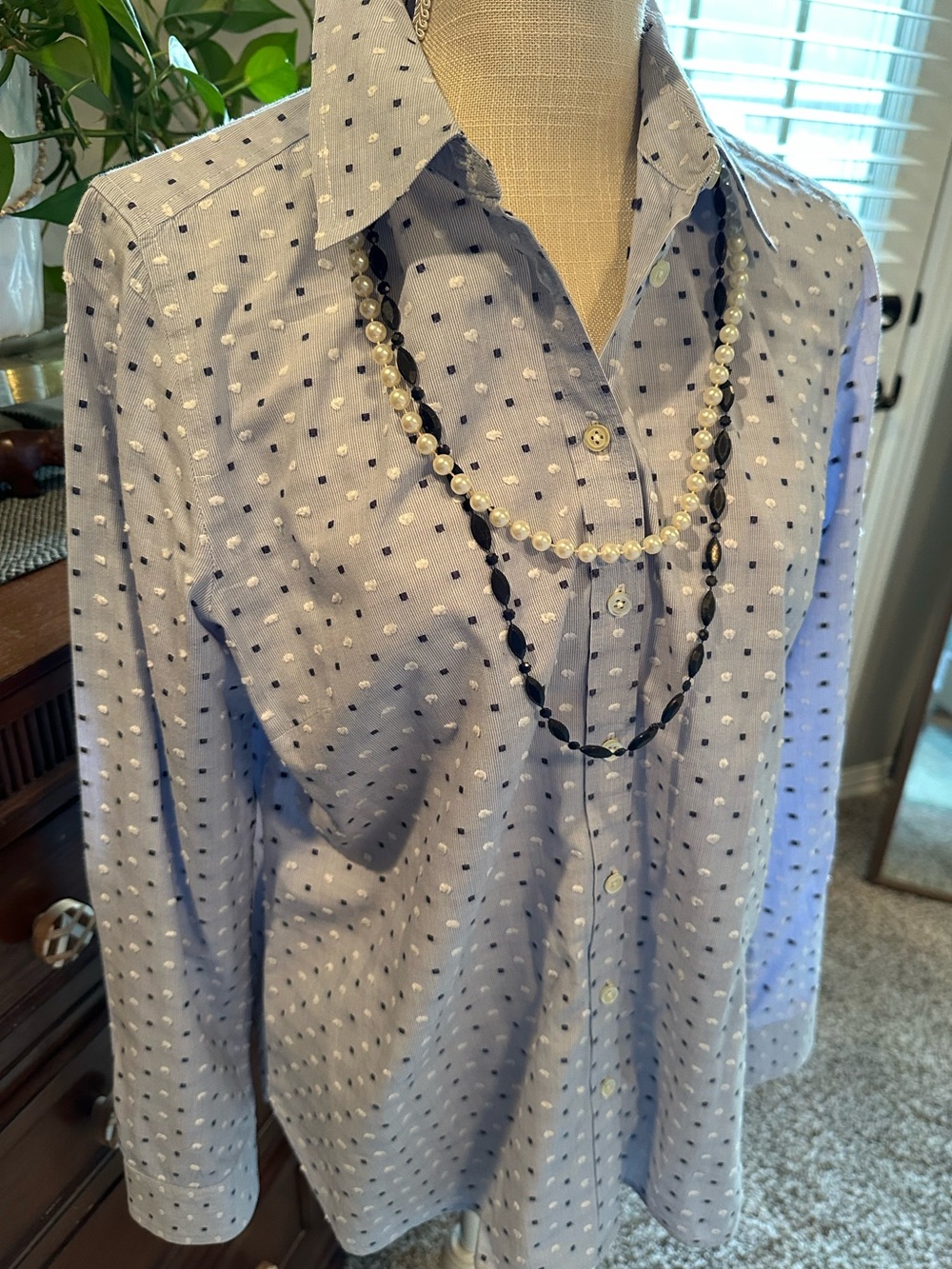 Talbots Light Blue Button-Down Shirt with Navy and White Dot Print